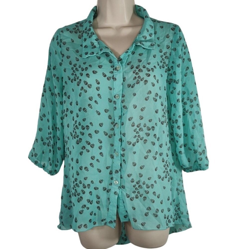 Wishful Park Green Button Up Skull Printed Blouse Top Sheer Women Size L 3/4 Slv